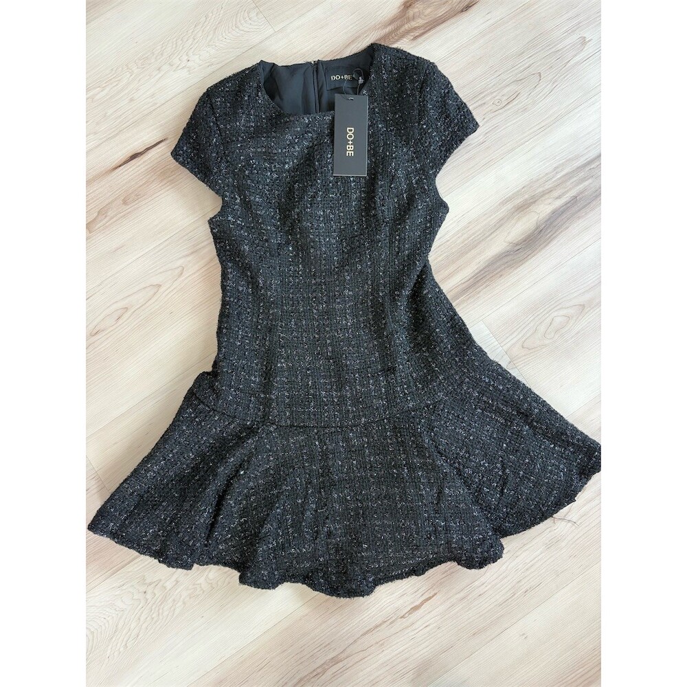 DO+BE Dress Womens Size S Black Metallic Tweed Fit & Flare Mini Cap Sleeve